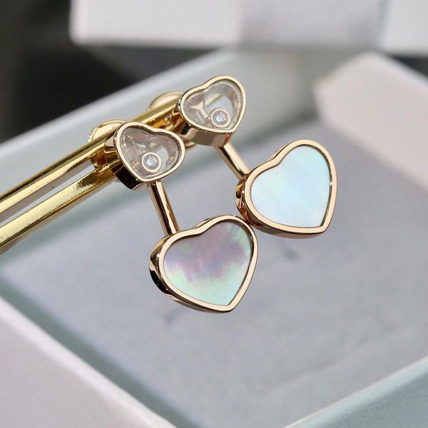 

stud famous brand pure 925 sterling silver happy heart natural shell dangle earrings for women zircon crystal ear clip, Golden;silver