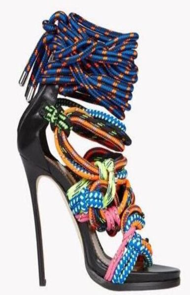 

2019 ladies sheepskin leather colourful colouring rope string laceup high heels gladiator zipper sandals shoes mutl1722578, Black