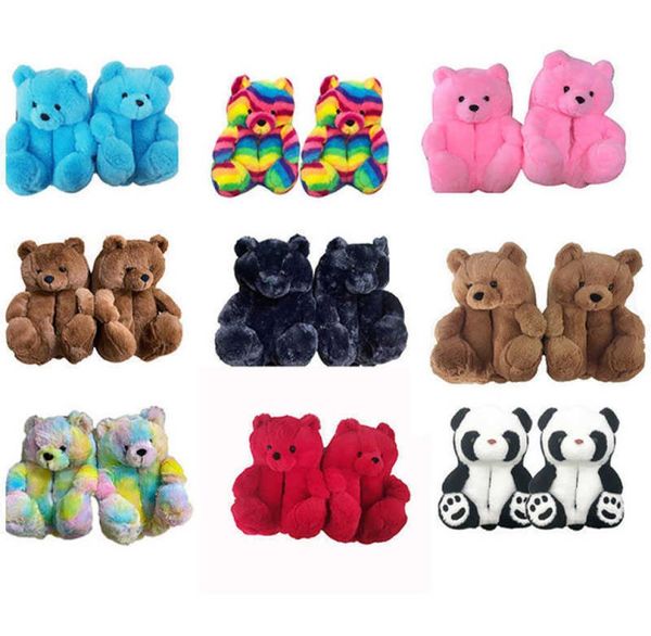 

teddy bear slippers women plush cartoon cute bear house slipper winter warm furry faux fur slides woman furry flip flop shoes y1004880899, Black