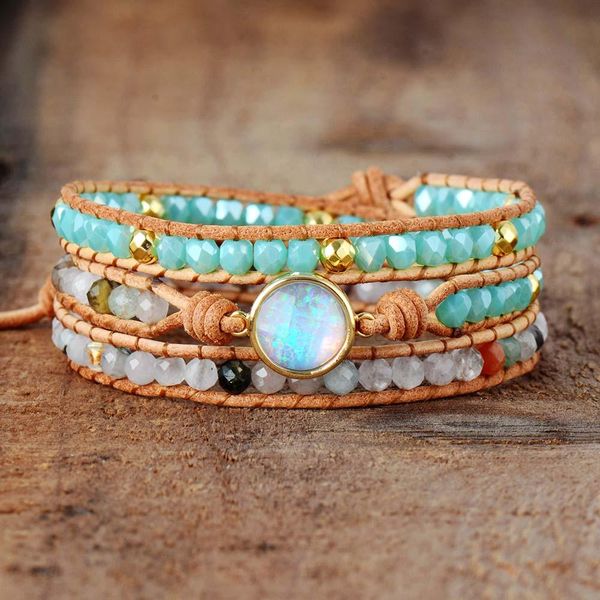 

bangle women bracelets natural opal stone rhinestone 3 rows leather wrap bracelet fancy femme boho bracelets dropship, Black