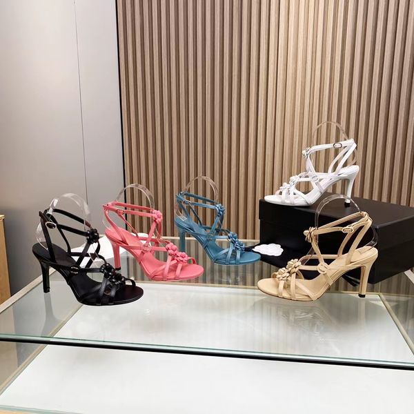 

2023 designer luxury peep-toe heel sandals womens genuine leather flowers cross binding one-button sandal ladys fashion hollowed out stilett, Black