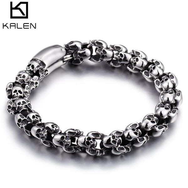 

bangle 12mm punk skull bracelets for men stainless steel 316l skeleton lion charm link chain male gothic jewelry, Black