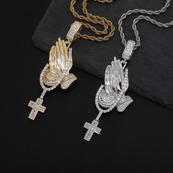 

hip hop playing hands cross pendants necklace full zircon religious jewelry gift, Silver