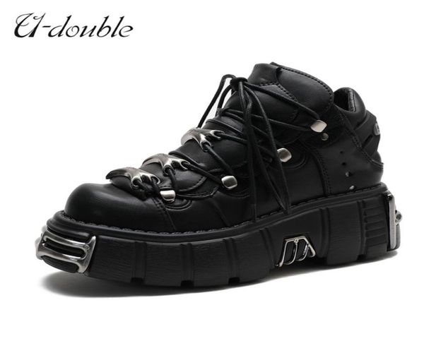 

udouble brand punk style women shoes laceup heel height 6cm platform shoes woman gothic ankle boots metal decor woman sneakers 24668382, Black