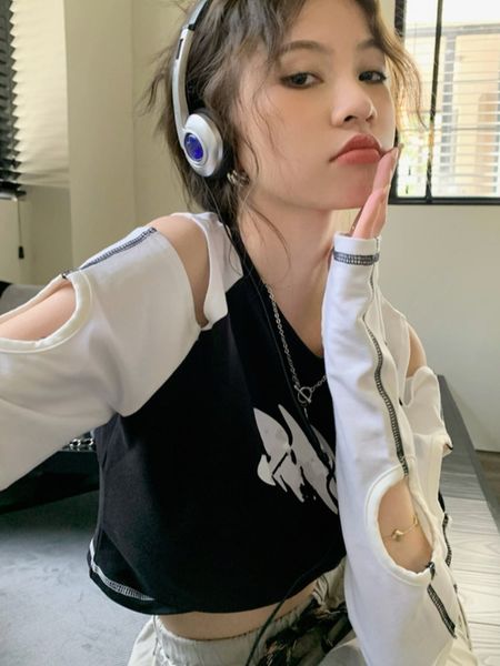 

women's t-shirt kpop fashion contrast crop tshirt women y2k hollow out long sleeve tee summer harajuku casual streetwear slim crop 2305, White