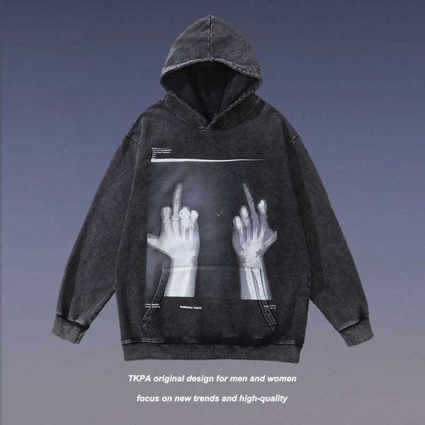 

tkpa2022 autumn and winter men's new terry used washing hoodie high street coat, Black