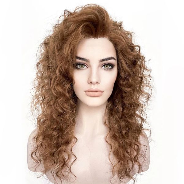 

loose deep curly systhetic lace front women wigs with baby hair natural hairline glueless ginger brown soft wigs, Black