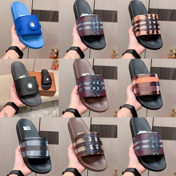 

2023 bur checked plaid rubber slippers for women men logo sandal pantoufle designer pool slides bur fashion england platform logo sport flip, Black