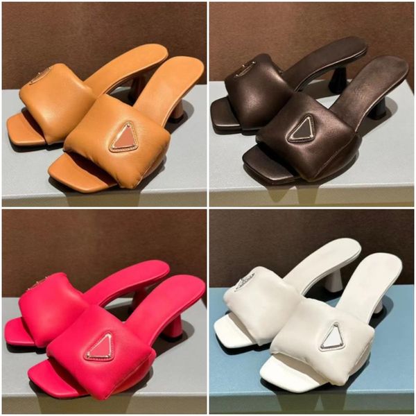 

soft padded nappa leather slippers summer heels sandals muilezels shoes slip-on triangle buckle ornament sandal women luxury designer slides, Black