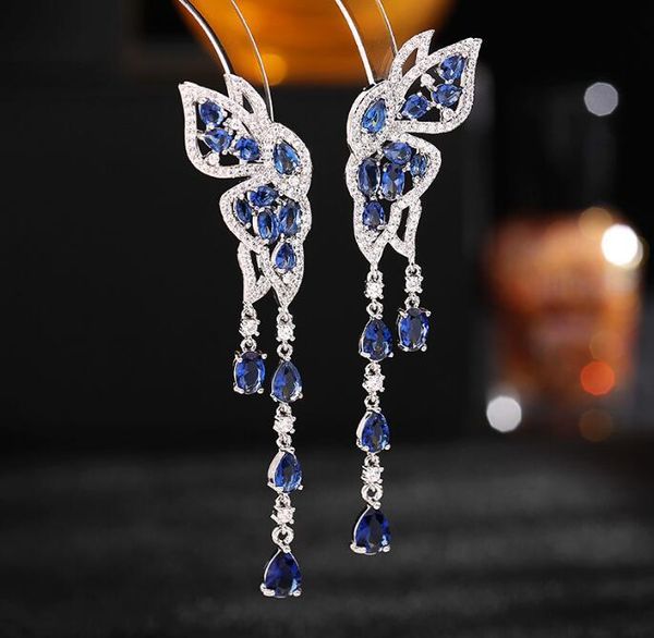 

knot s925 color zircon inlaid earrings winged double flying long butterfly water drop tassel women fashion jewelry, Silver