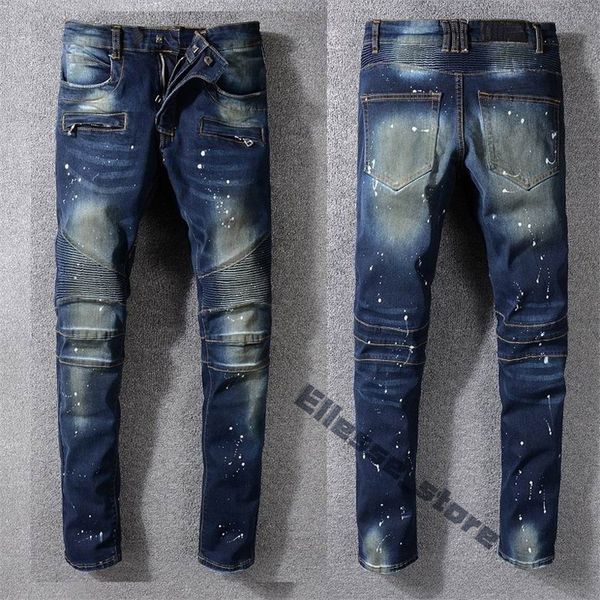 

mens designer jeans distressed ripped biker slim fit motorcycle bikers denim for men s fashion mans black pants pour hommes 14 iynd, Blue
