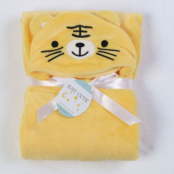 

single-layer hooded baby blanket for newborn plain flannel cartoon yellow tiger baby swaddling knitted fleece fabric for warm care baby bath