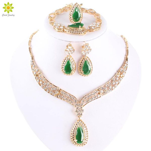 

necklace fashion crystal necklace collar jewelry sets for women party accessories african beads earrings bracelet rings set vintage green, Silver