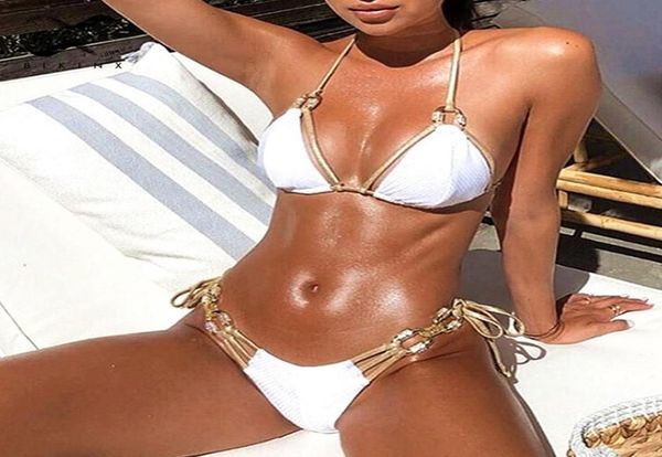 

brazilian triangle bikini 2020 ribbed swimsuit female halter diamond swimwear women high cut bathing suit bandage biquini new3180016, Black