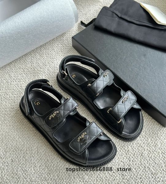 

paris 2023 ladies sandals leather buckle luxury brands designer female flat shoes channel colorful casual comfortable women slippers waterpr, Black