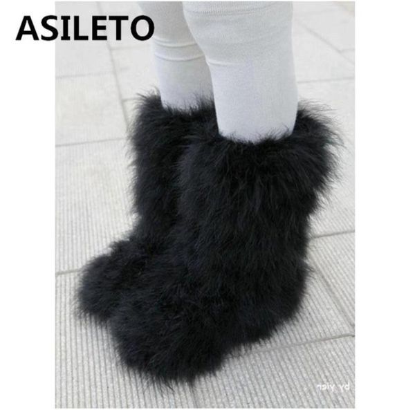 

asileto winter boots women real hairy ostrich feather furry fur flats plush ski outdoor eskimo boots fluffy shoes bootie t553 20101850723, Black