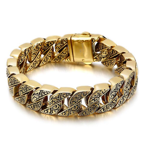 

bangle vintage curb cuba chain unique carving stainless steel bracelets for men punk link jewelry, Black