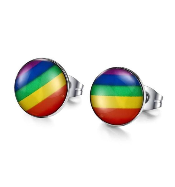 

personalized mens womens lgbt stainless steel colorful rainbow painted gay pride lesbian round piercing stud earrings dropship1855999, Golden;silver