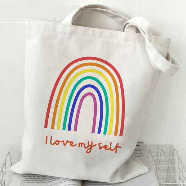 

lgbt love is loves rainbow printed canvas bag one shoulder backpack student leisure handbag shopping bag 230524