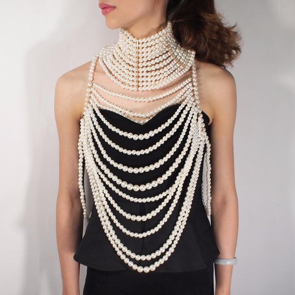 

necklaces manilai imitation pearl statement collar necklaces multilayer pendants necklaces women exaggerate body chain jewelry, Silver