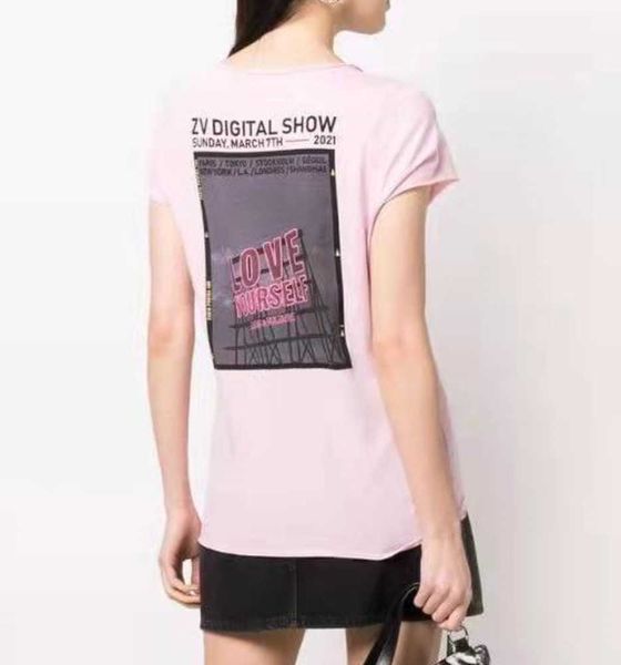 

zadig voltaire 23ss summer cotton new designer t shirt digital print u neck button women pink fashion short sleeve beach tees, White