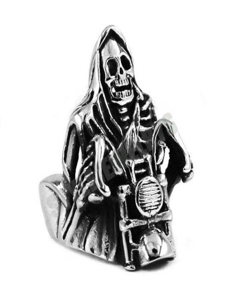 

grim reaper skull ride motorcycle ring stainless steel jewelry vintage skull motor biker men ring swr0446 b3177153, Golden;silver