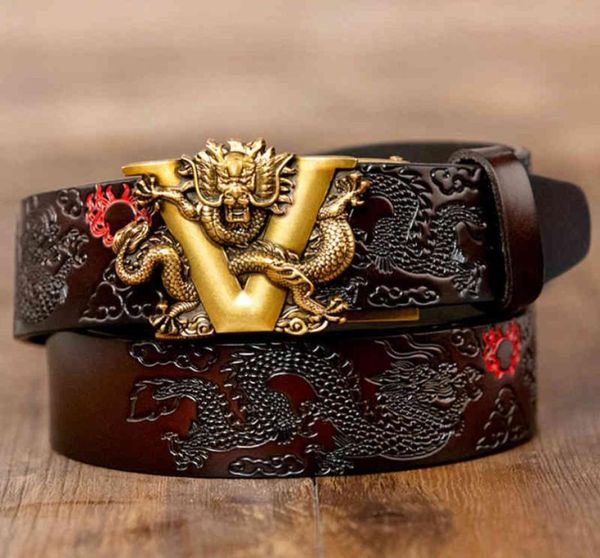

new male china dragon belt cowskin genuine leather for men carving pattern automatic buckle strap for jeans 06115483607, Slivery;black