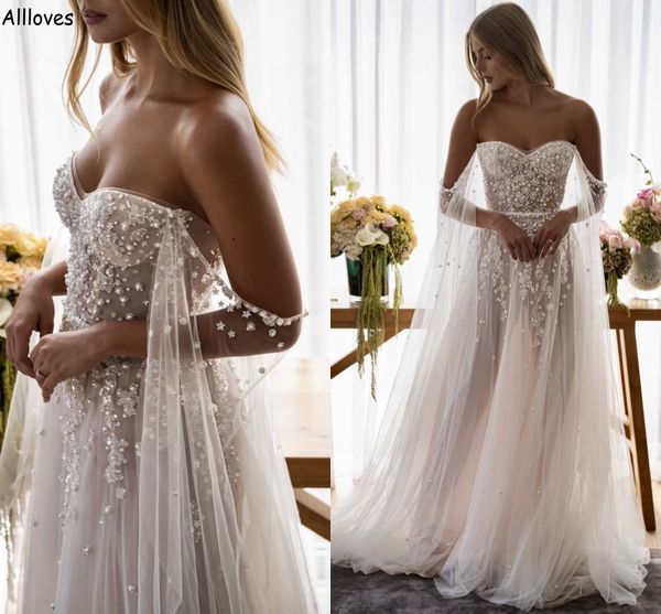 

pearls little 3d flowers a line wedding dresses with long sleeves wrap off the shoulder plus size maternity bridal gowns tulle bohemian robe, White