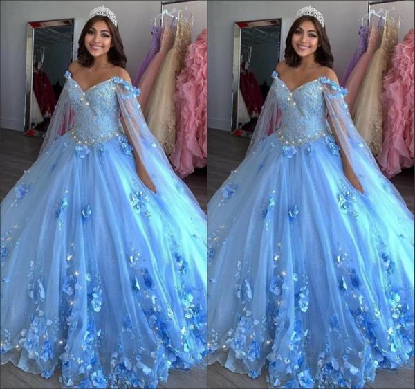 

light blue new sweet 16 dresses ball gowns hand made flowers beaded applique vestidos de quinceanera dress with wraps prom pageant7424876, Blue;red