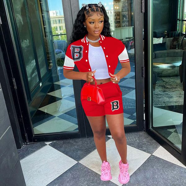 

women's two piece pants trendy ladies tracksuit short sleeve jacket letter print patchwork spring womens summer sports baseball shorts, White