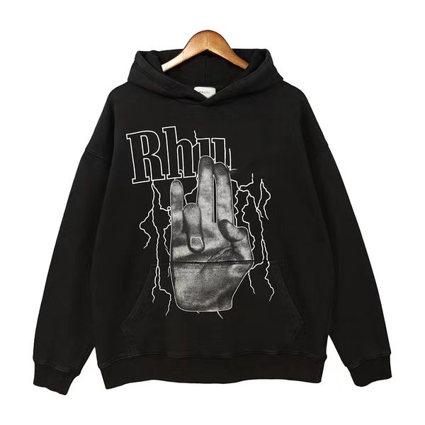 

hoodies mens designer hoodie rhude hooded sweater dark high street finger lightning graffiti handdrawn coat warm fashion loose hoodie, Black