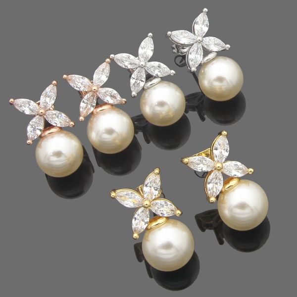

women design luxury stud four leaf flower earrings white pearl t letter 3 colors stainless steel jewelry, Golden;silver