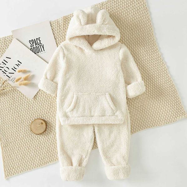 

2022 warm winter baby boy girl thicken pure color pajamas set flannel fleece toddler sleepwear kids home suit erer, White