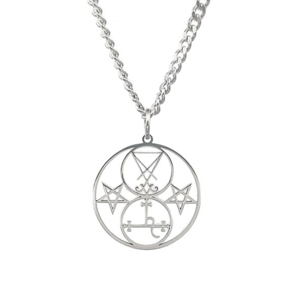 

lilith & lucifer double seal pendant with staves stainless steel necklace curb chain 5mm 24inch silver