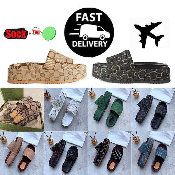 

2023 designer slipper mid-heel rattan jumbo interlocking platform slides sandals luxury mens sandal beach womens shoes beige blue canvas sum, Black