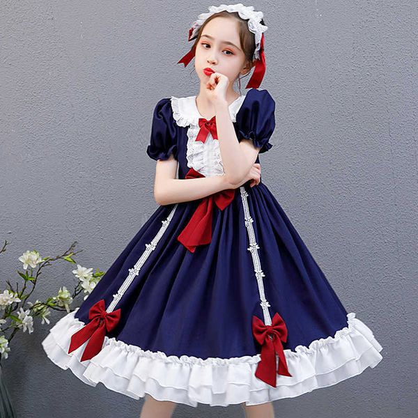

girl's dresses 3-14y girls' academy style cute lolita op with lace decoration japan harajuku short sleeve youth princess dress g22, Red;yellow