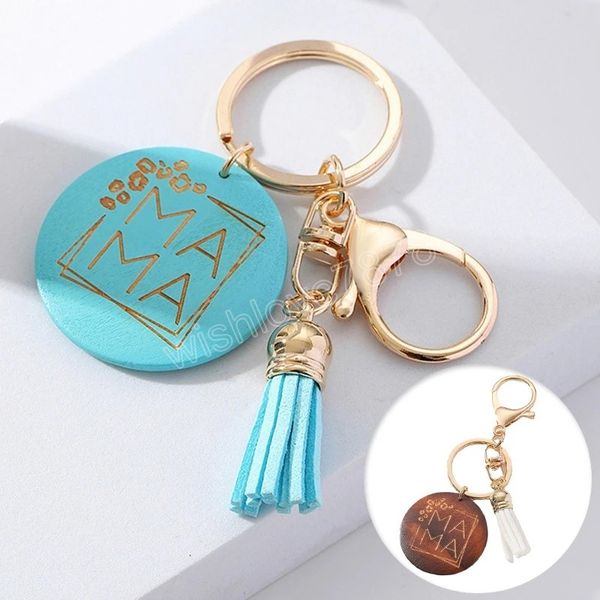 

wood round pendant mama letter tassel keychains keyring mother's day mom bags purses decor key chain jewelry gift, Slivery;golden