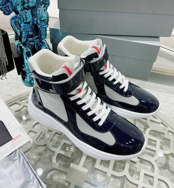 

luxury designer men america cup shoes high patent leather flat trainers black blue mesh lace-up nylon casual shoe outdoor sneakers with box