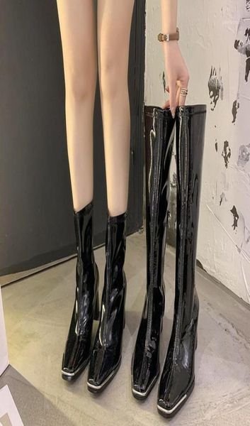 

knee high boots women square toe high boots thick heels 2020 autumn black glossy tall boot for women casual shoes16777815