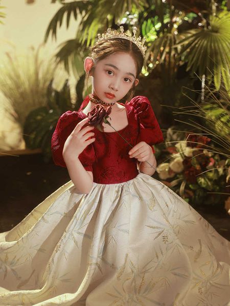 

girl's dresses winter flower embroidery long satin elegant children's girl princess birthday party easter christmas dress g220523, Red;yellow