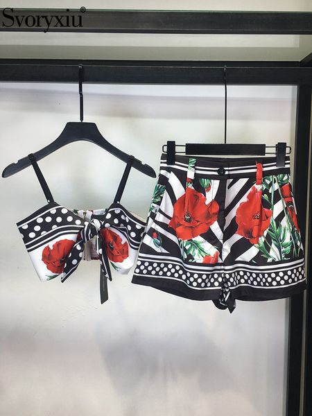 

women's two piece pants svoryxiu summer designer fashion vintage gorgeous flower print shorts suit women's sling short vestsregula, White