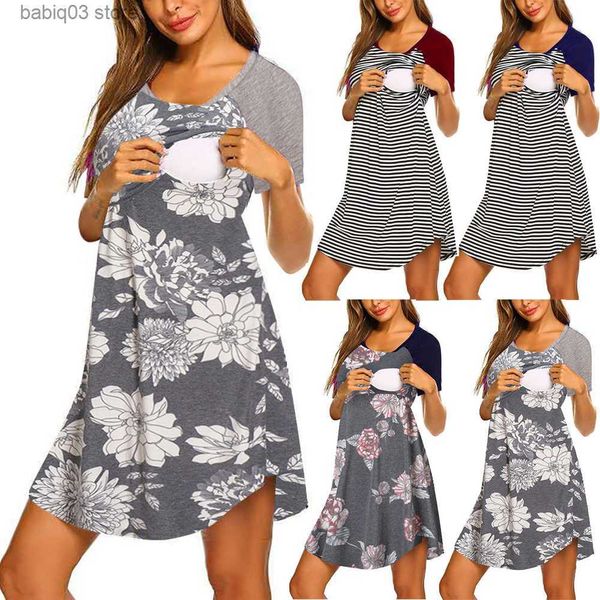 

maternity dresses nursing dress striped breastfeeding pregnancy dress short sleeve premama pregnant dresses vestido robe femme t230523, White