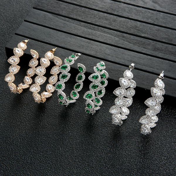 

huggie luxury water drop green color cubic zircon big statement hoop earrings for women wedding dubai bridal circle hoop earrings e7918, Golden;silver