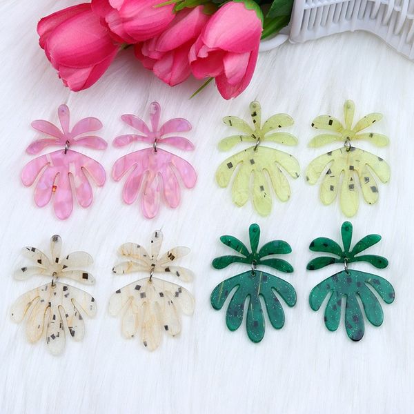 

jelly color acrylic leaf drop earrings for women vintage bohemian beach summer long hanging earrings fashion jewelry, Silver