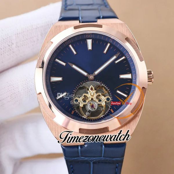 

new 42.5mm overseas tourbillon 6000v/110a-b544 a2813 automatic mens watch blue dial rose gold case blue leather strap 6000v sport gents watc, Slivery;brown