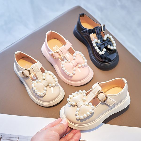 

Sneakers Spring Autumn Girls Leather Shoes with Bowknot Pearls Beading Princess Sweet Cute Soft Comfortable Children Flats Kids 230522, Pink
