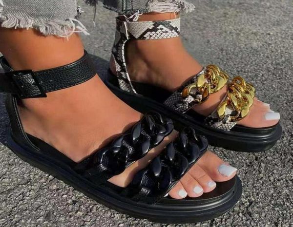 

snake pattern platform sandals women 2021 summer plus size open toe shoes one word with thick bottom chain buckle dress7557150, Black