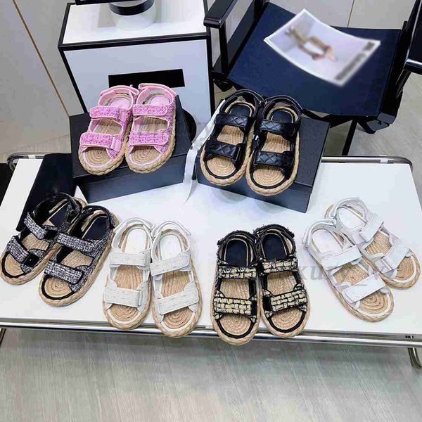 

designer crystal calf leather sandals women lambskin dad sandals quilted platform rubber slippers two adjustable straps straw sandals, Black