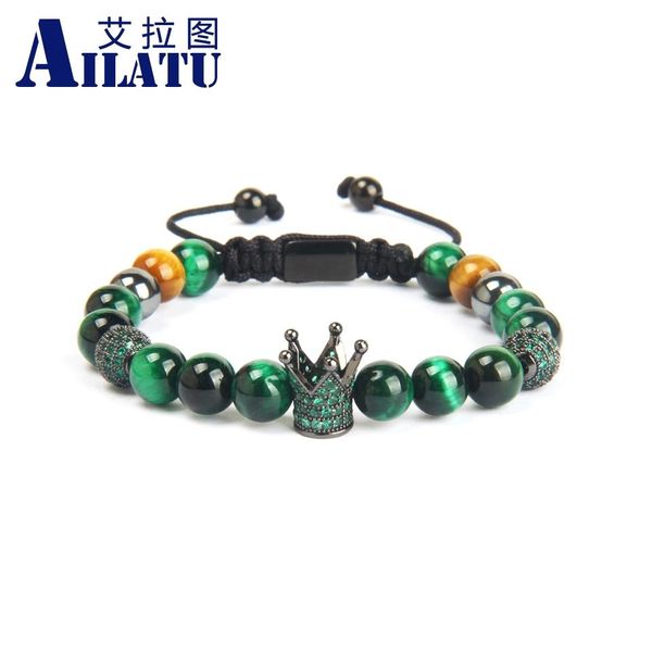 

bangle ailatu new couples crown sets bracelet 10 pieces green rose natural tiger eye stone beads thread wave macrame jewelry, Black