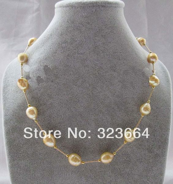 

necklaces beautiful 18" 13mm golden baroque rice freshwater pearl necklace, Silver